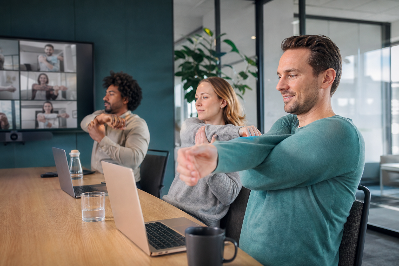 Office team joining an online desk wellness session together